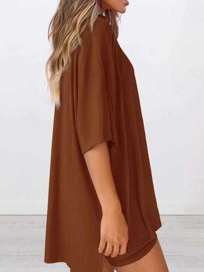 Full Size Oversized Round Neck Top and Shorts Set Plus Size