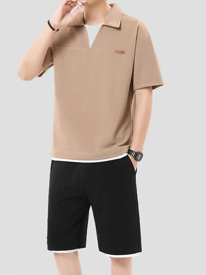 Men's Plus Size Johnny Collar Top and Shorts Set