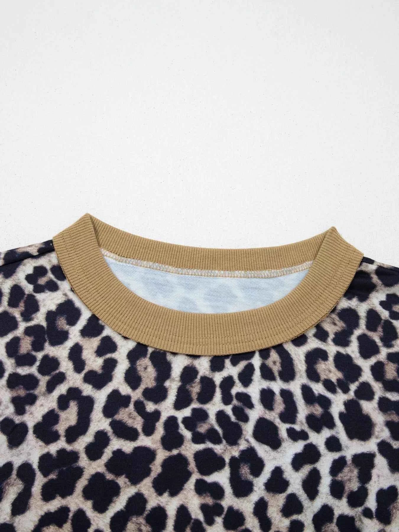 Leopard Print Color Block Round Neck Top
