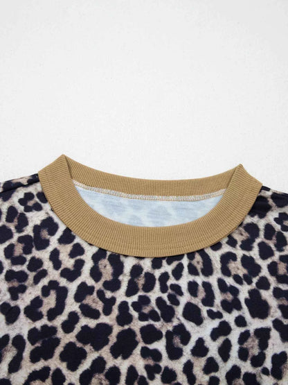 Leopard Print Color Block Round Neck Top