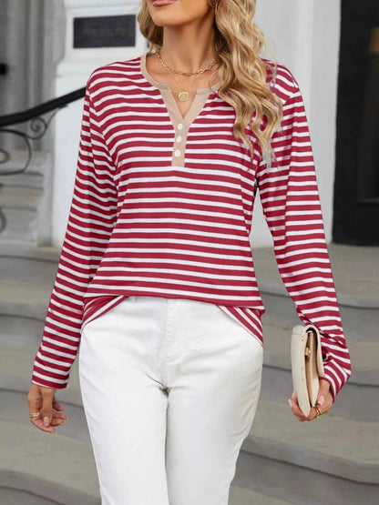 Striped Long Sleeve Henley T-Shirt