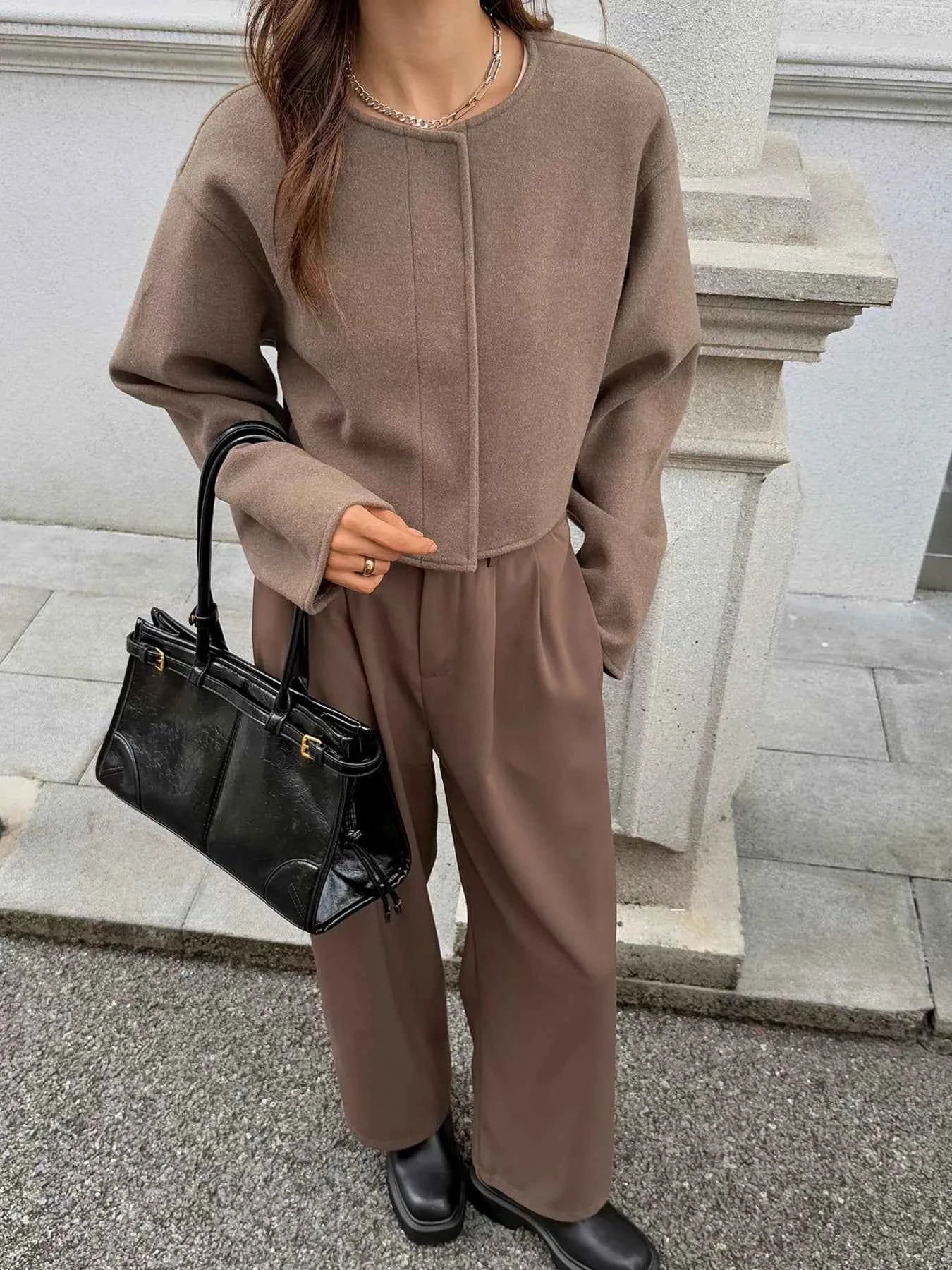 Button-Front Dropped Shoulder Cropped Jacket