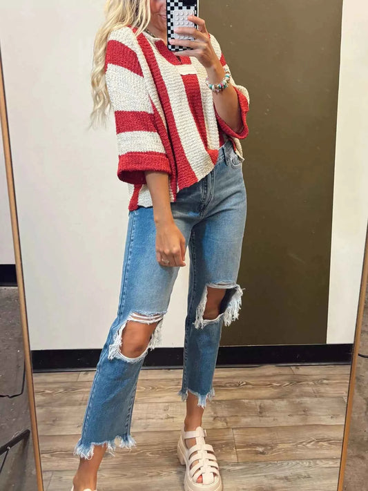 Striped Notched 3/4 Sleeve Sweater