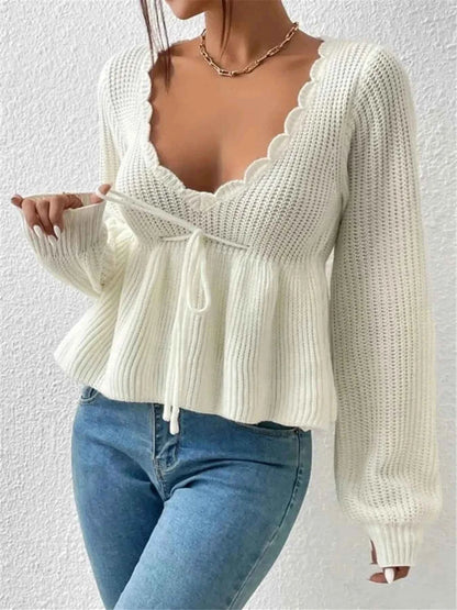 Scalloped V-Neck Drawstring Knit Top
