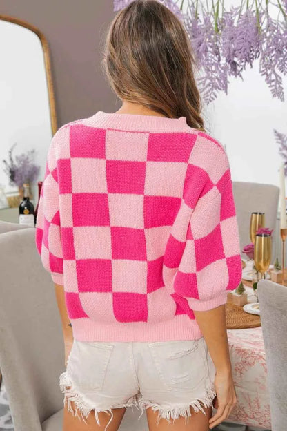 BiBi Check Pattern Short Puff Sleeve Sweater Top