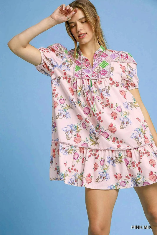 Umgee Floral Print Tie Neck Puff Sleeve Dress