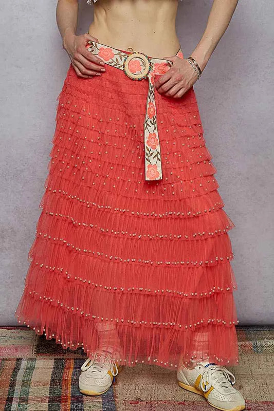 POL Tiered Ruffle Maxi Skirt with Pearl Decorative