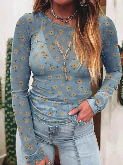 Floral Print Long Sleeve Mesh Blouse