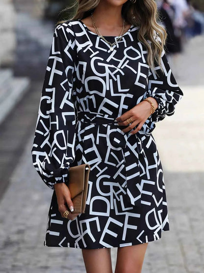 Letter Print Balloon Sleeve Dress