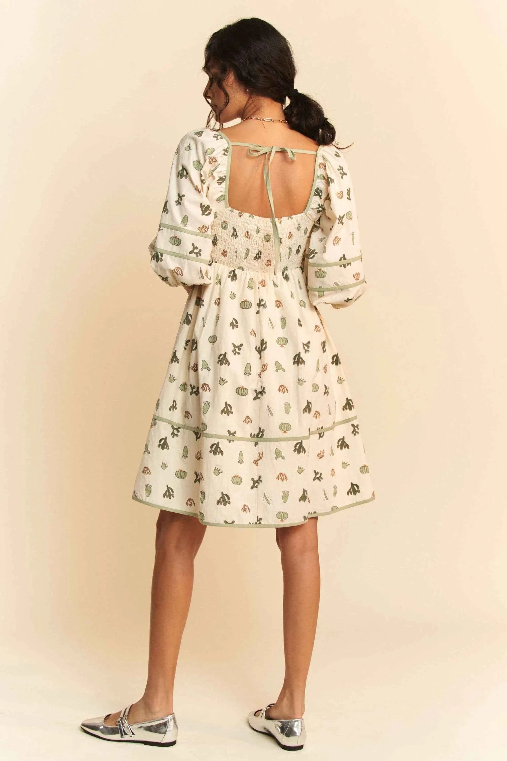 Davi & Dani Cactus Printed Poplin Contrast Piping Mini Dress