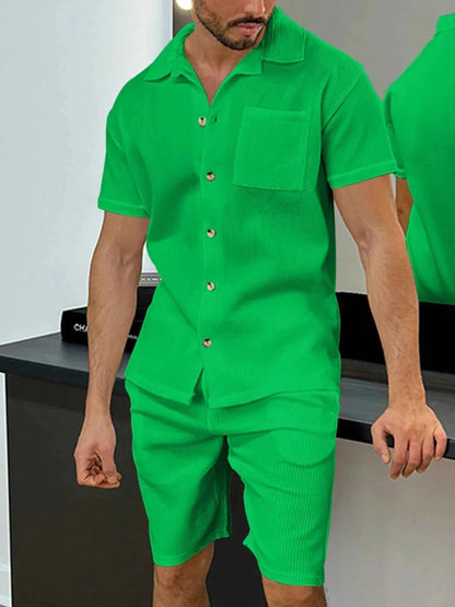 Men's Full Size Button Up Top and Shorts Set Plus Size