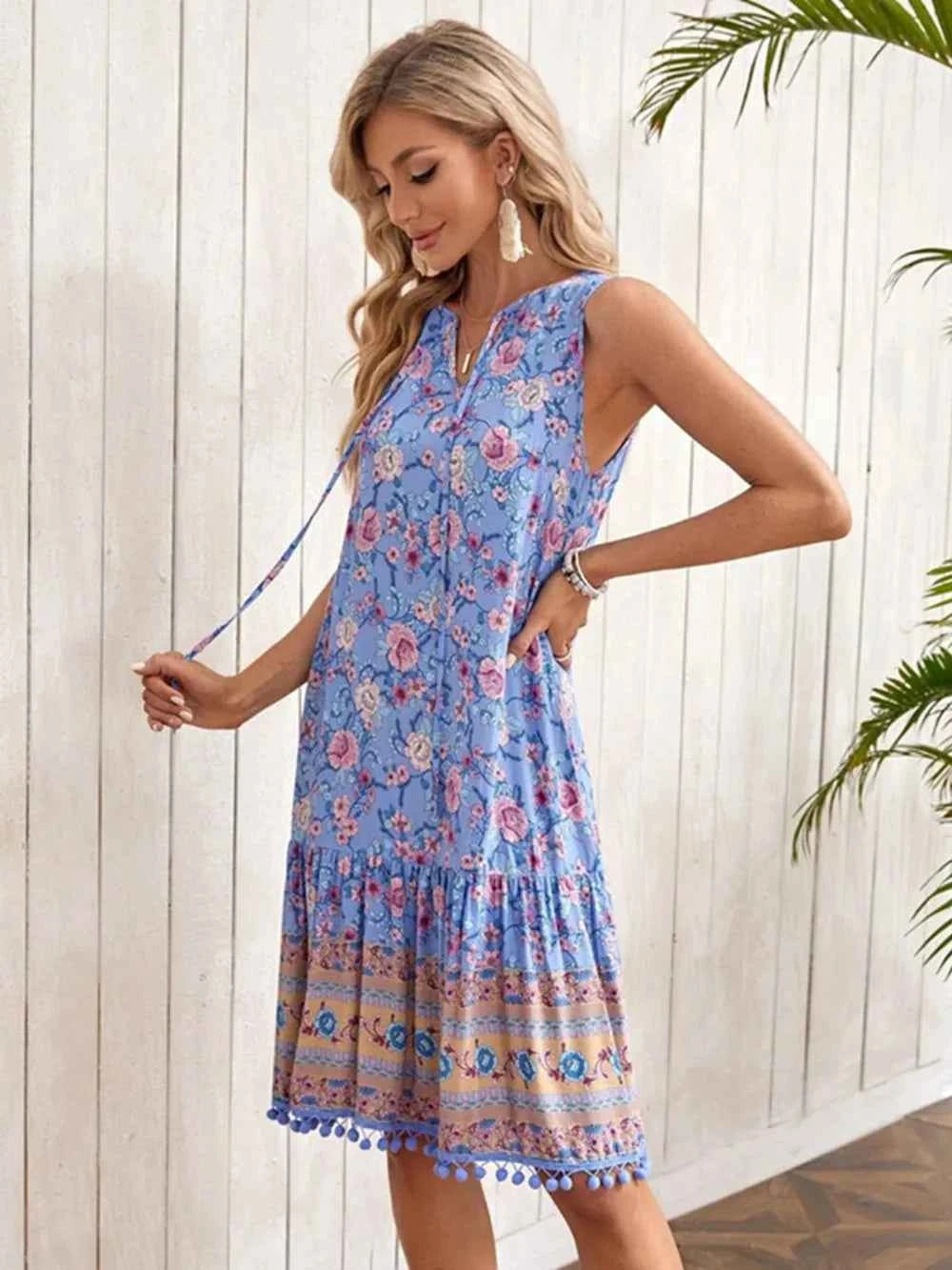 Tie Neck Sleeveless Floral Dress