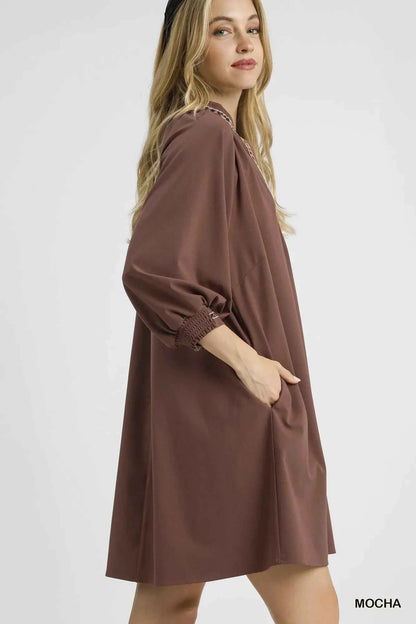 Umgee Notched Shift Dress with Trim Detail
