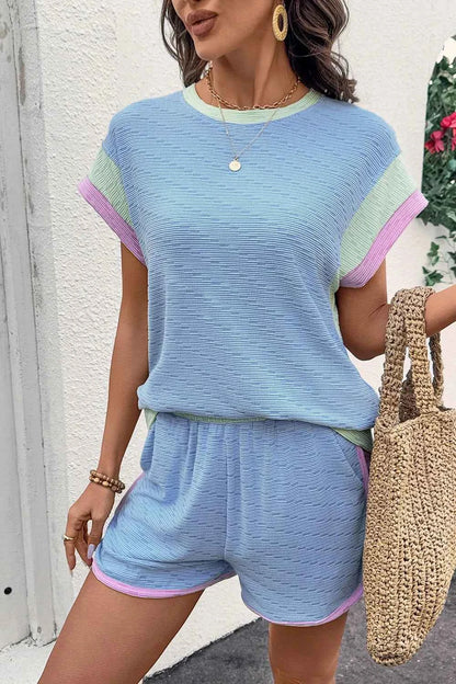 Contrast Round Neck Top and Shorts Set