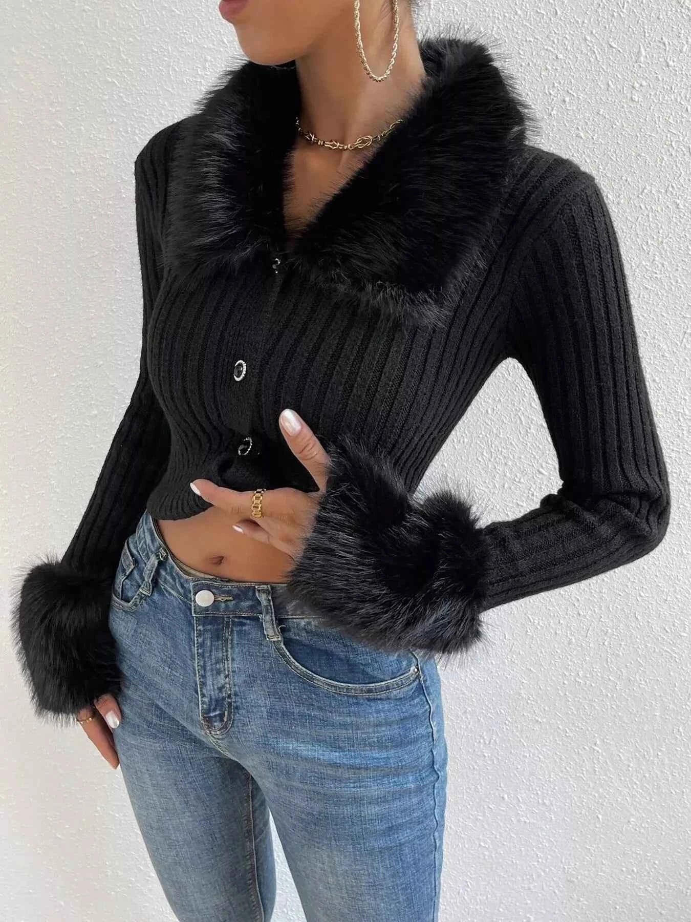 Faux Fur Trim Ribbed Knit Cropped Cardigan