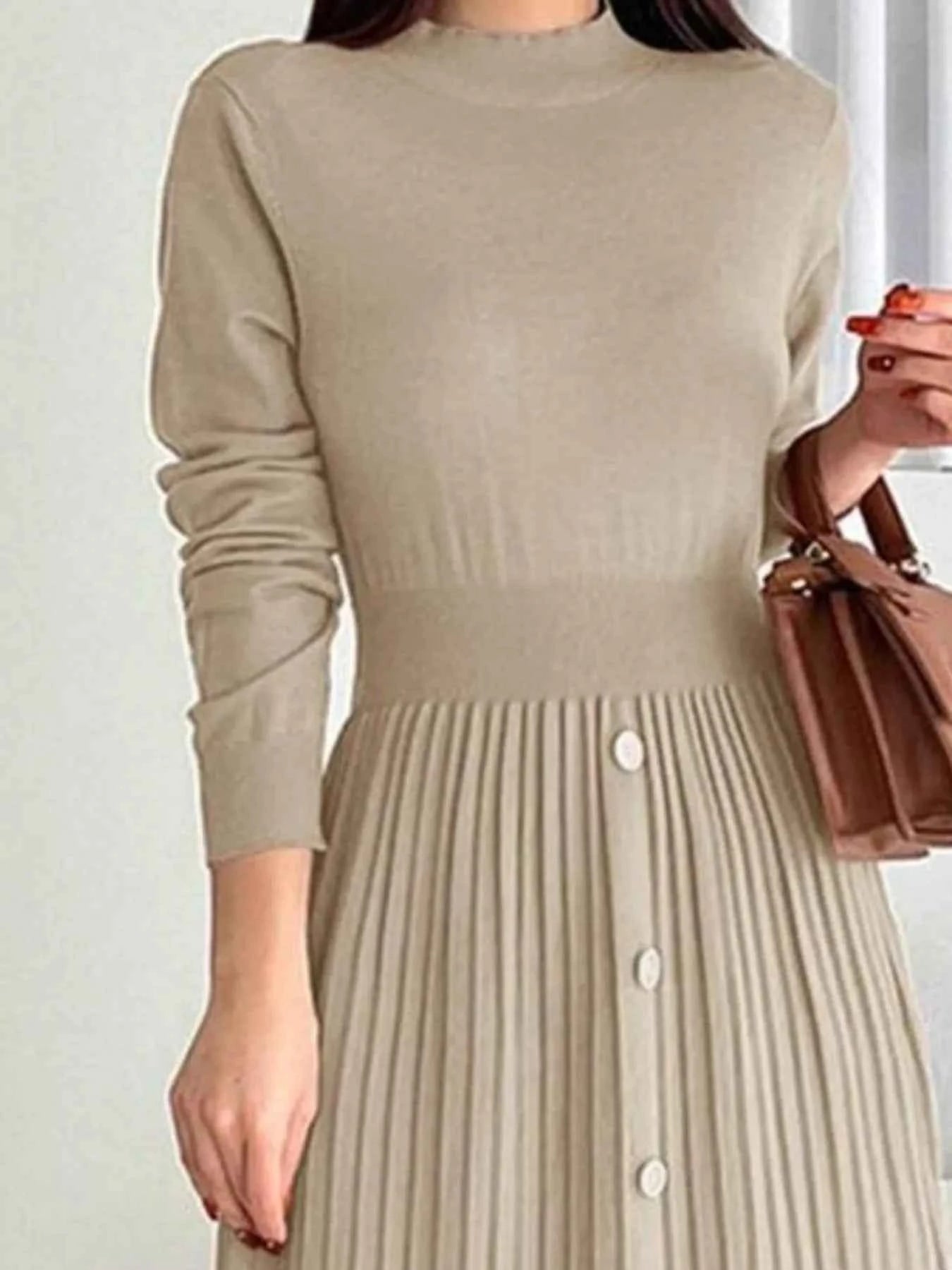 Slit Front Mock Neck Long Sleeve Knit Dress
