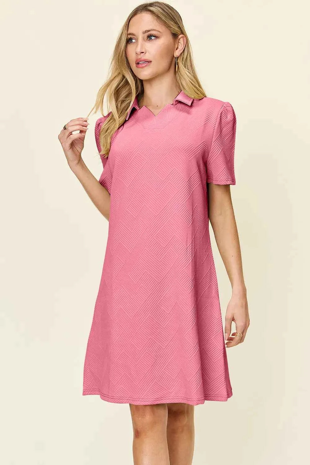 Double Take Full Size Texture Collared Neck Short Sleeve Dress