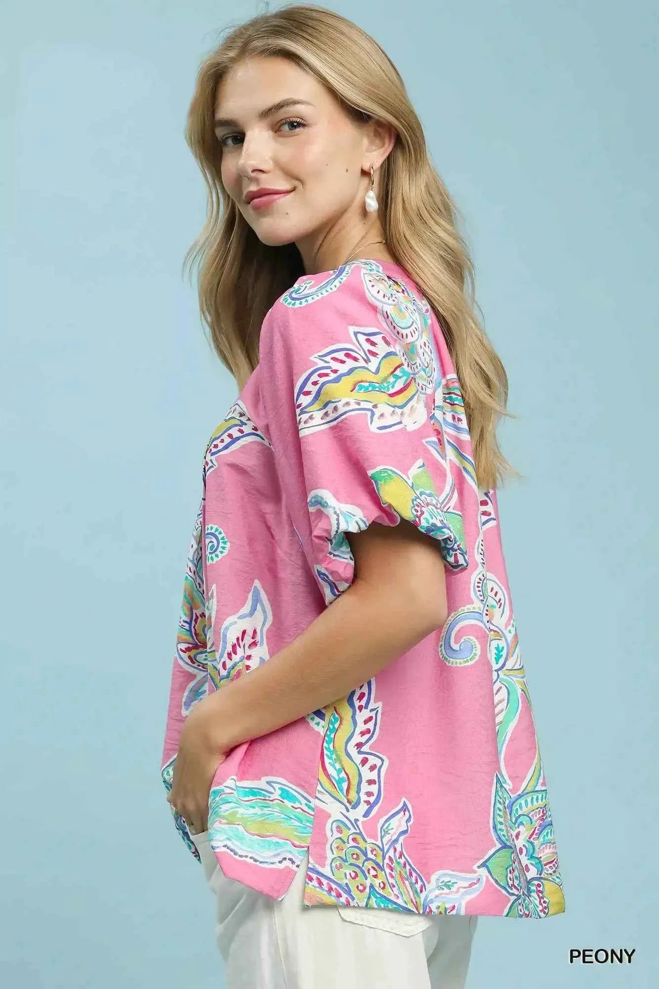 Umgee Paisley Print Puff Sleeve Top