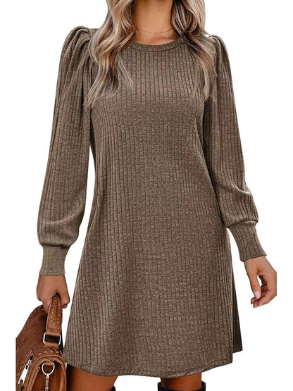 Ribbed Knit Puff Sleeve Casual Mini Dress