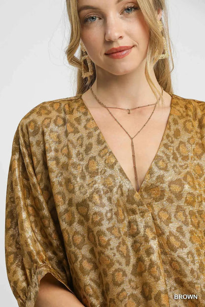 Umgee Metallic Leopard Print V-Neck Kimono Dress