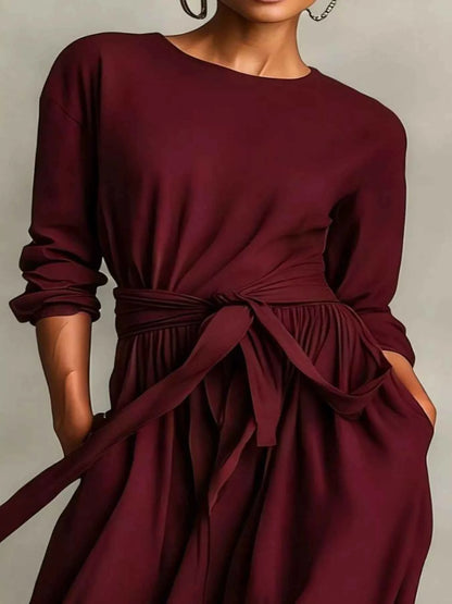 Full Size Long Sleeve Tie Waist Maxi Dress Plus Size