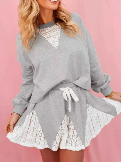 Lace Patchwork Drop Shoulder Top and Drawstring Skort 2pcs Outfit