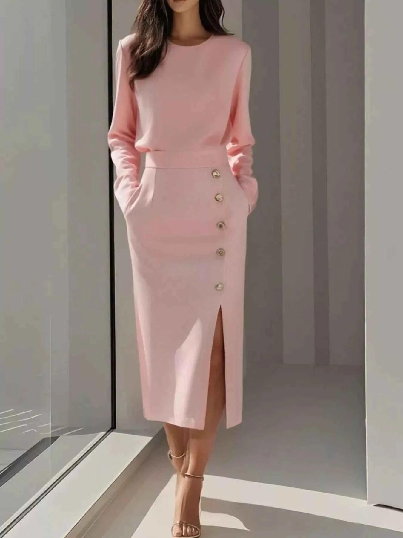 Long Sleeve Button Detail Midi Dress with Side Slit