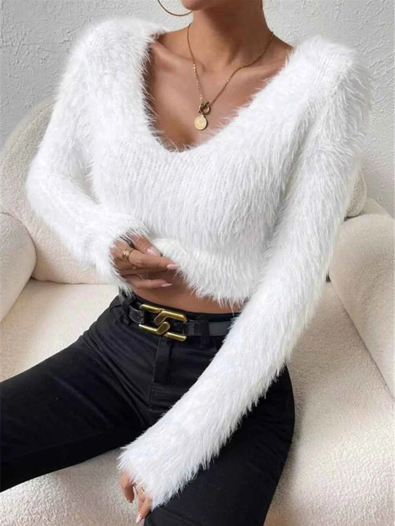 Fluffy Knit V-Neck Sweater