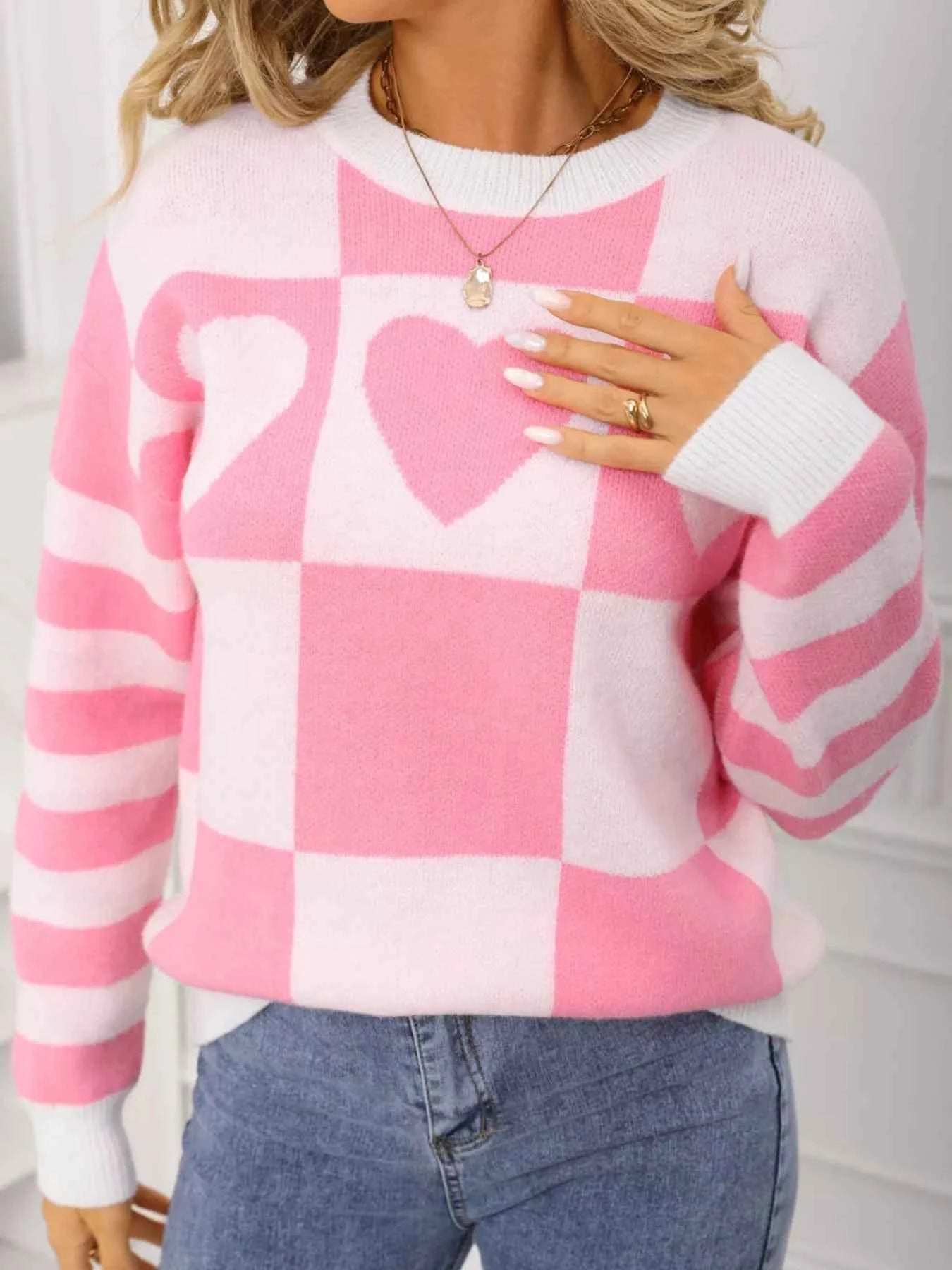 Heart Pattern Checkerboard Knit Sweater