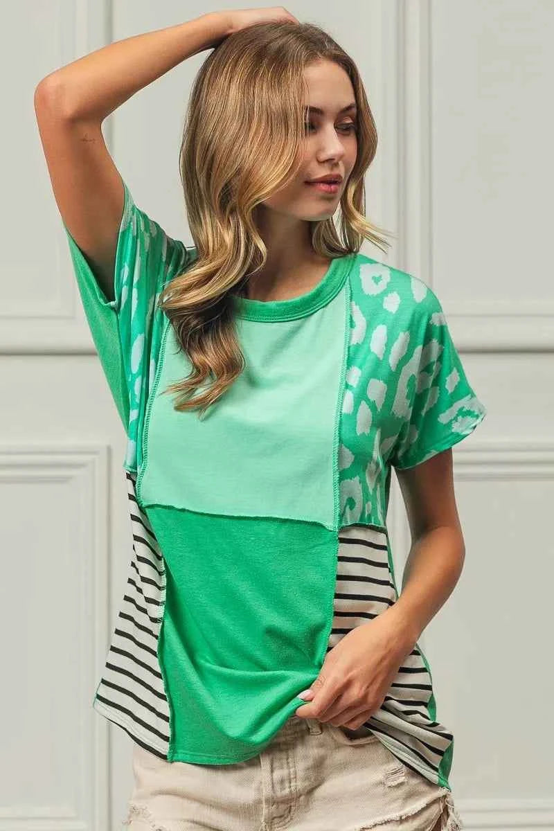 BiBi Leopard and Stripe Color Block Top With Exposed Seam