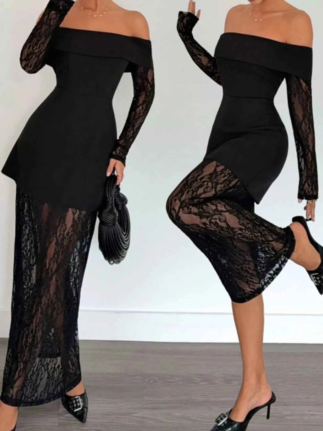 Off-Shoulder Lace Long Sleeve Maxi Dress