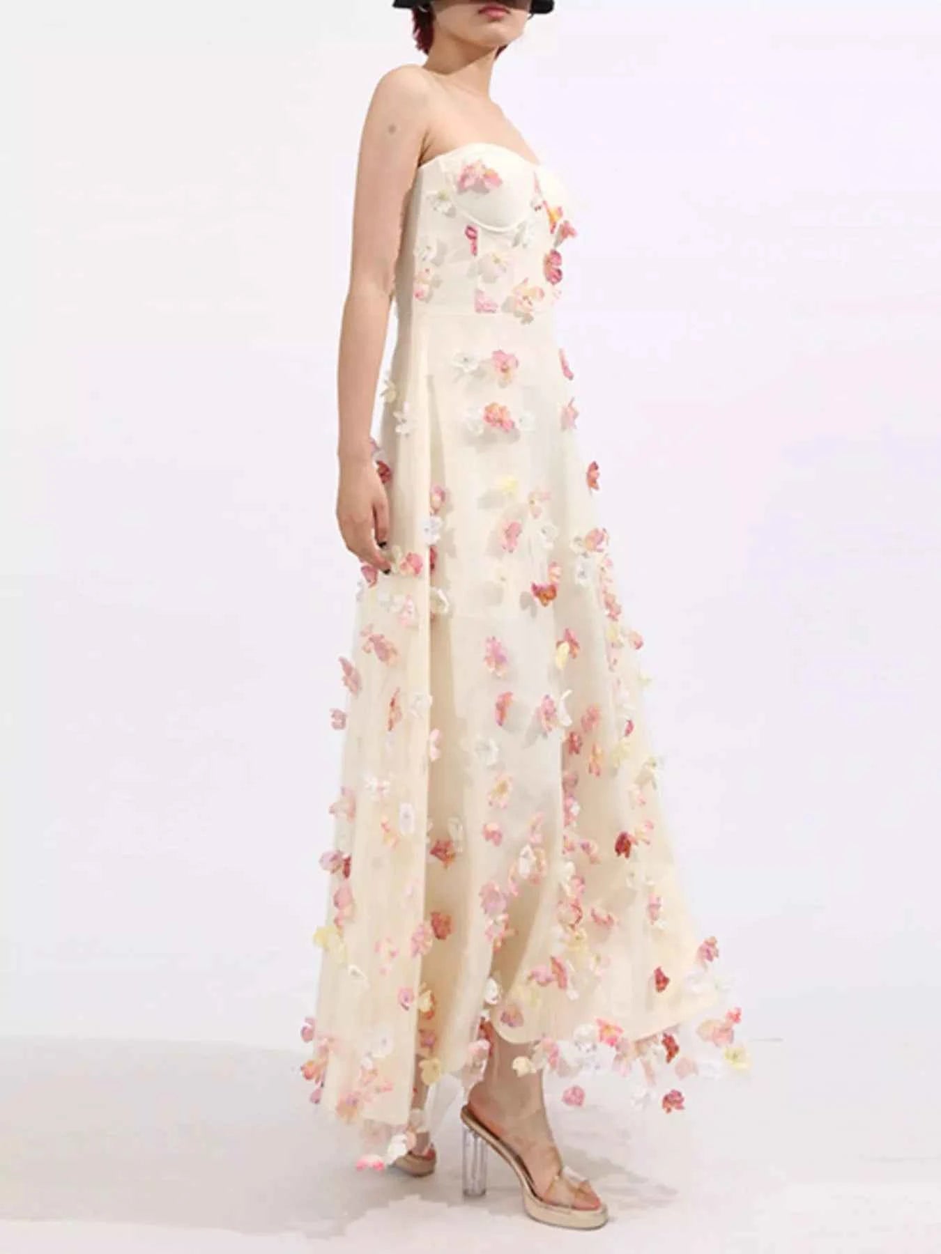 Floral Applique Strapless Tulle Maxi Dress