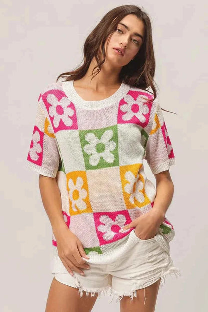 BiBi Flower Checker Pattern Lightweight Sweater Top