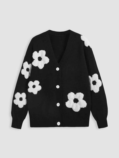 Button Down Floral Applique Knit Cardigan