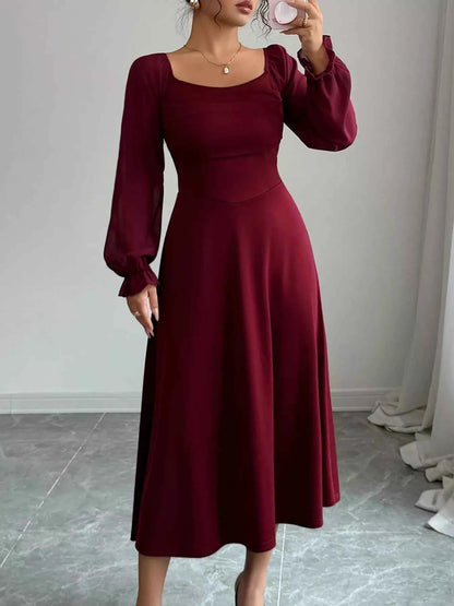 Flounce Sleeve A-Line Midi Dress