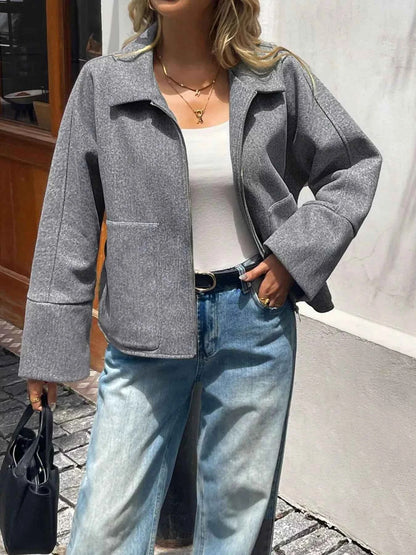 Oversized Collared Neck Zip-Up Jacket