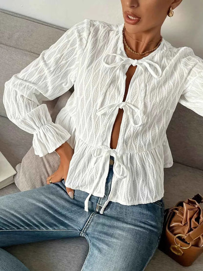 Tie Front Flounce Sleeve Blouse