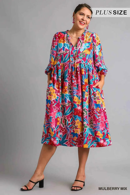 Umgee Full Size Floral Print Tie Neck Midi Dress with Pockets Plus Size