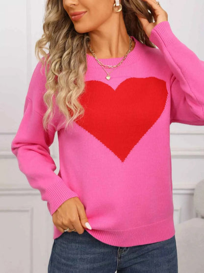 Valentine's Day Heart Round Neck Dropped Shoulder Sweater
