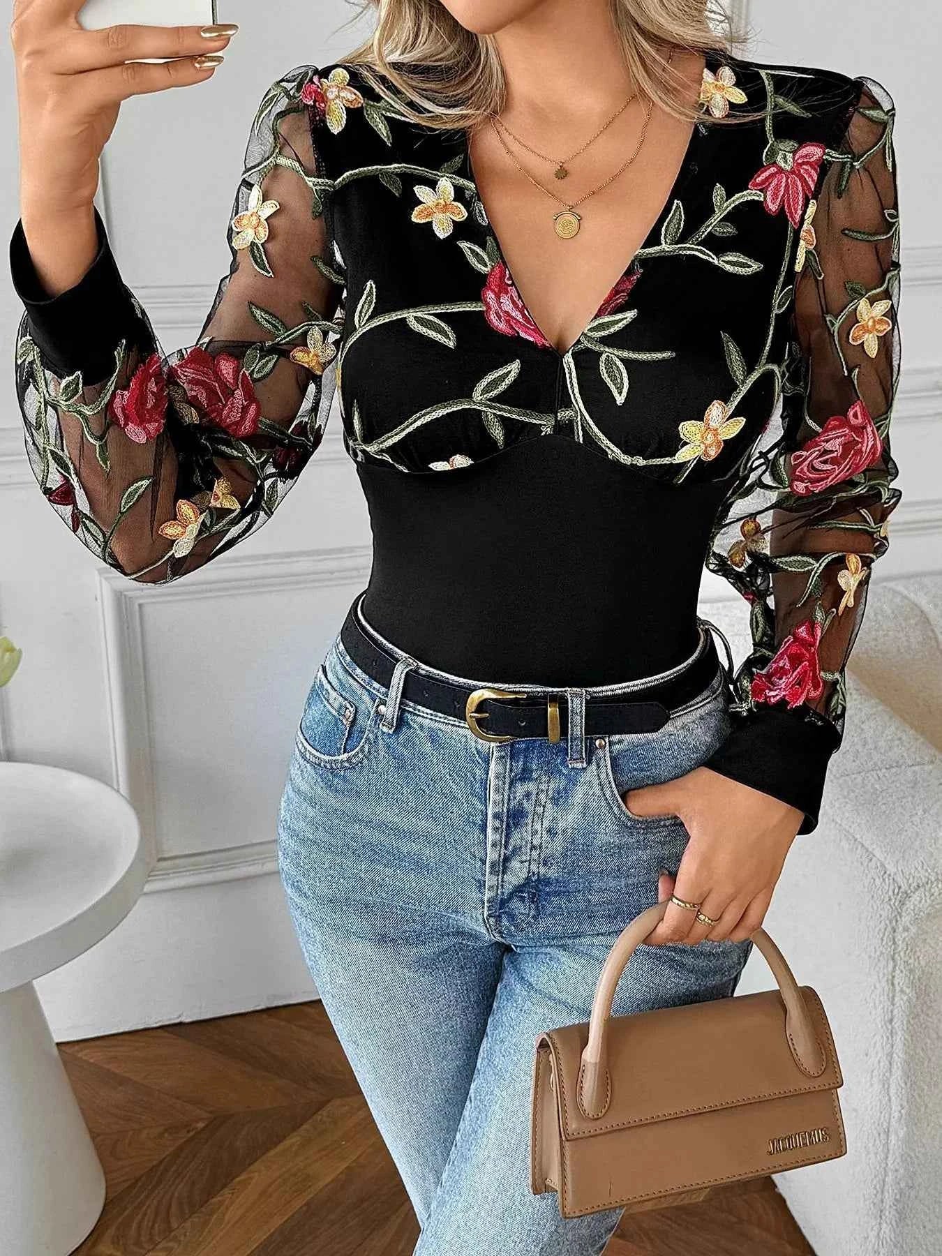 Floral Mesh Sleeve V-Neck Top