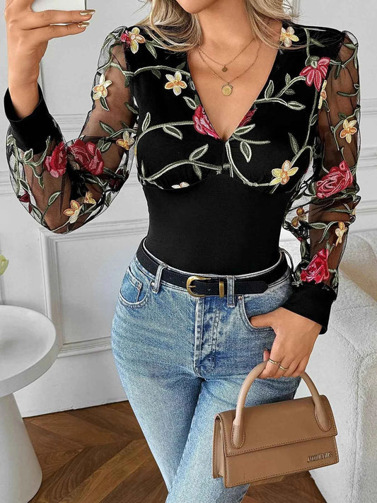 Floral Mesh Sleeve V-Neck Top