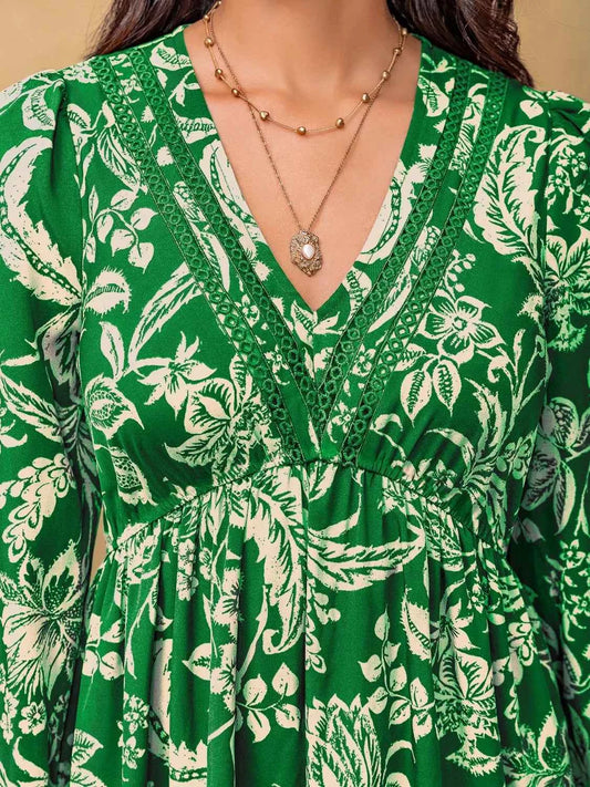 Plus Size Botanical Print Long Sleeve Midi Dress