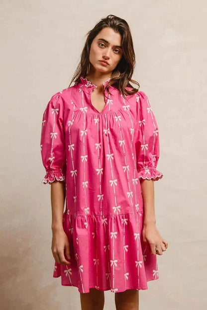 BiBi Ribbon Patterns With Scallops Edge Details Short Sleeve Dress