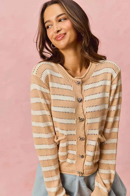 SO ME Stripe Long Sleeves Button Sweater Cardigan