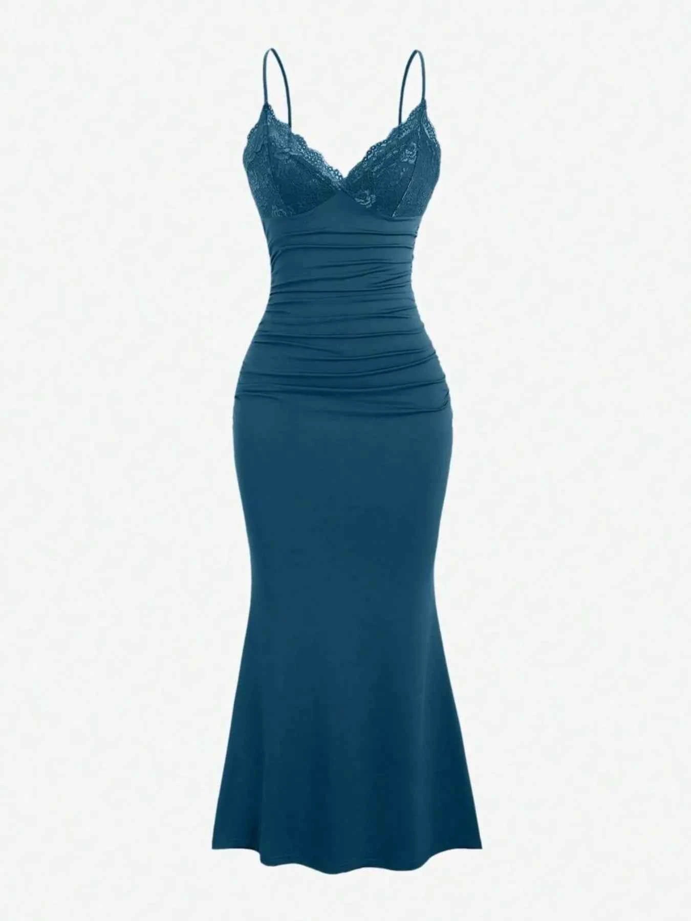Lace Trim Ruched Mermaid Dress
