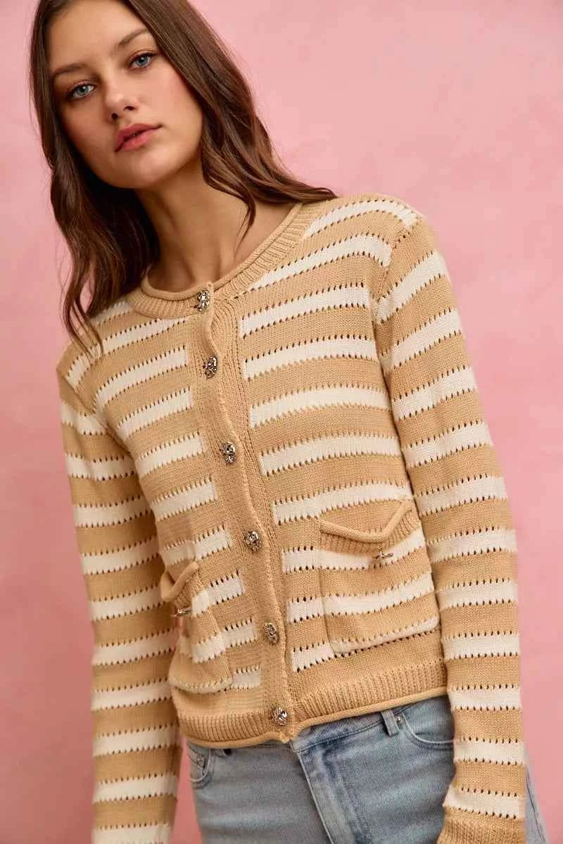 SO ME Stripe Long Sleeves Button Sweater Cardigan