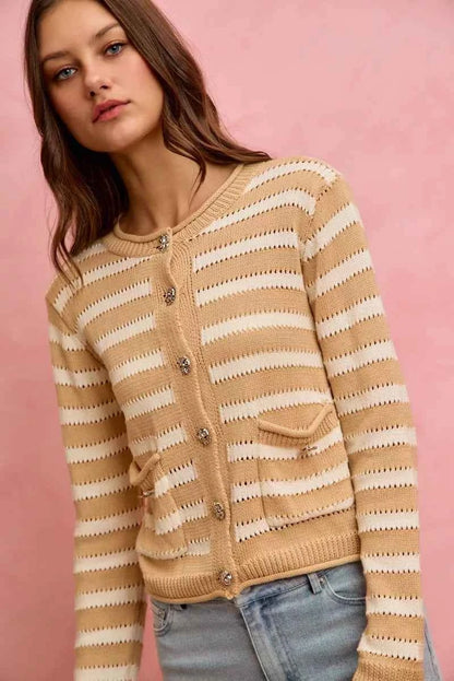 SO ME Stripe Long Sleeves Button Sweater Cardigan