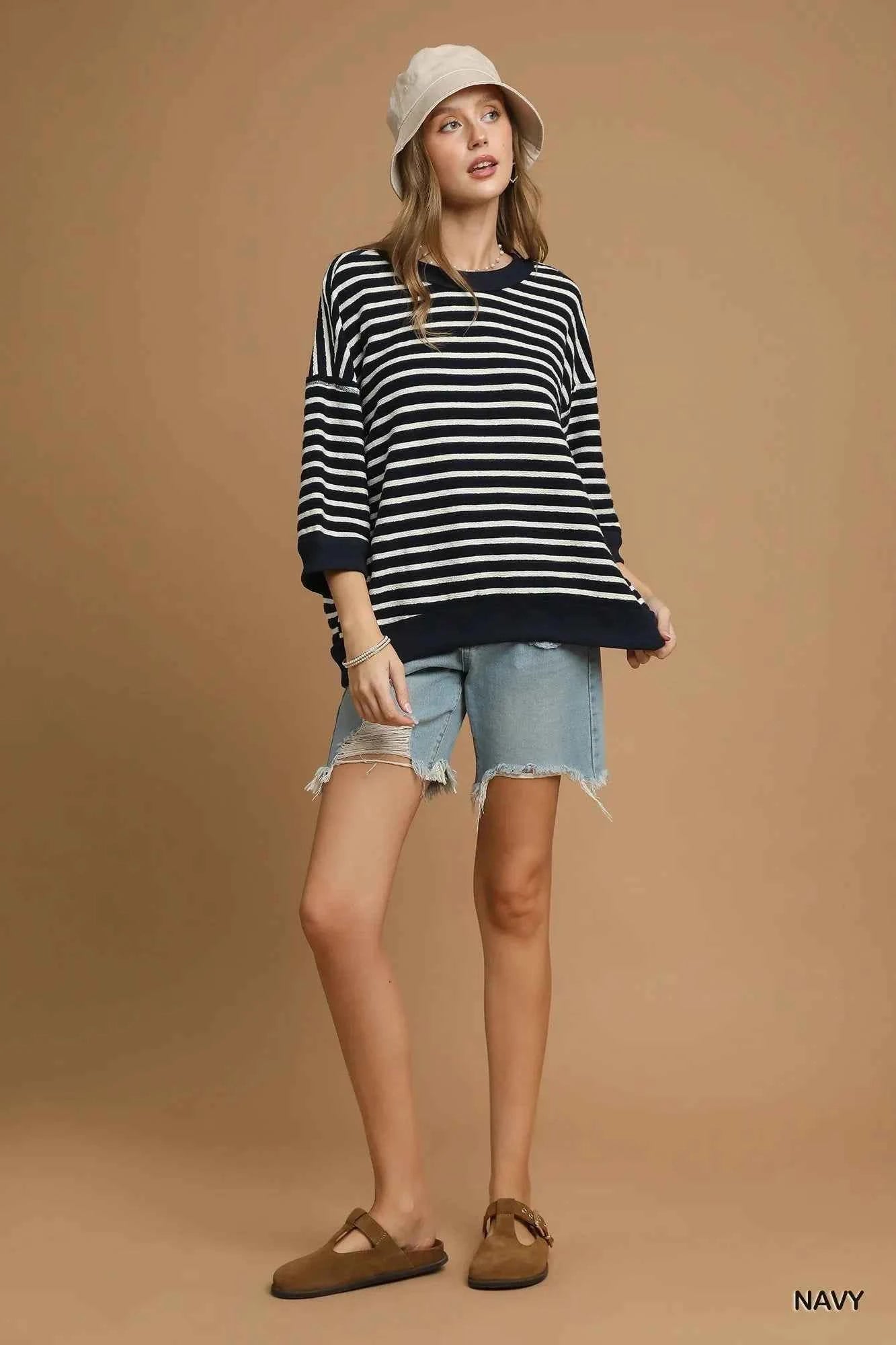 Umgee Ribbed Hem Striped Oversized Knit Top