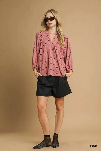 Umgee Corduroy Bow Print Balloon Sleeve Blouse