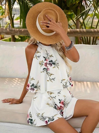 Floral Print Halter Neck Top and Shorts Two-Piece Summer Set